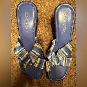 Size 6.5 Slip-ons.  Blue and yellow with silver bracket.